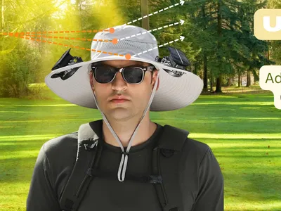 Person wearing solar fan hat while fishing outdoors